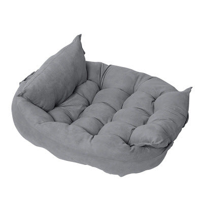 Customizable Multifunctional Folding Pet Cushion in teal plush fabric with tufted design and elevated sides.