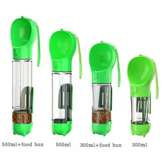 3-in-1 Portable Dog Water Bottle and Food Dispenser in green, featuring various sizes for hydration and feeding on the go.