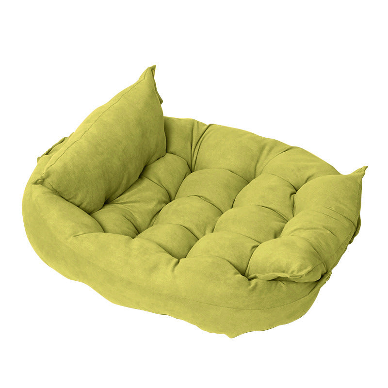 Customizable Multifunctional Folding Pet Cushion in teal plush fabric with tufted design and elevated sides.