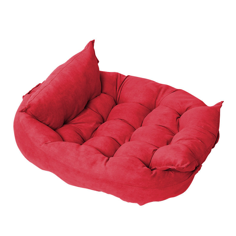 Customizable Multifunctional Folding Pet Cushion in teal plush fabric with tufted design and elevated sides.