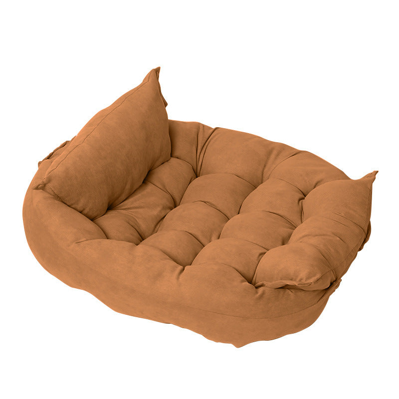 Customizable Multifunctional Folding Pet Cushion in teal plush fabric with tufted design and elevated sides.