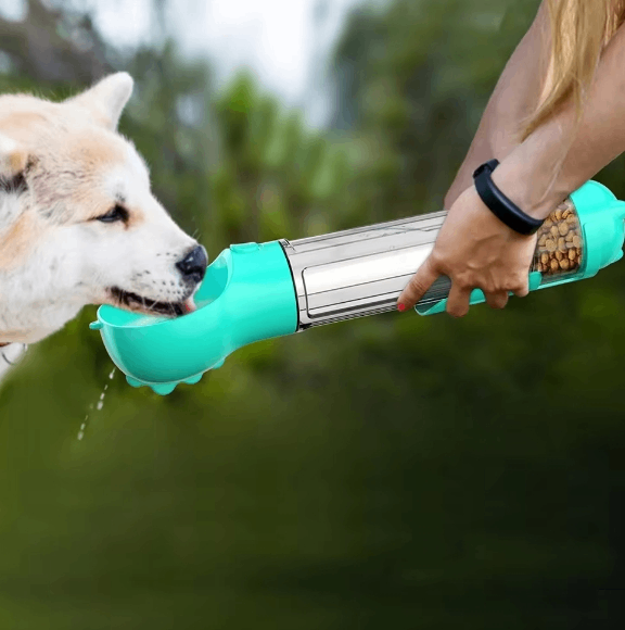 3-in-1 Portable Dog Water Bottle and Food Dispenser in green, featuring various sizes for hydration and feeding on the go.