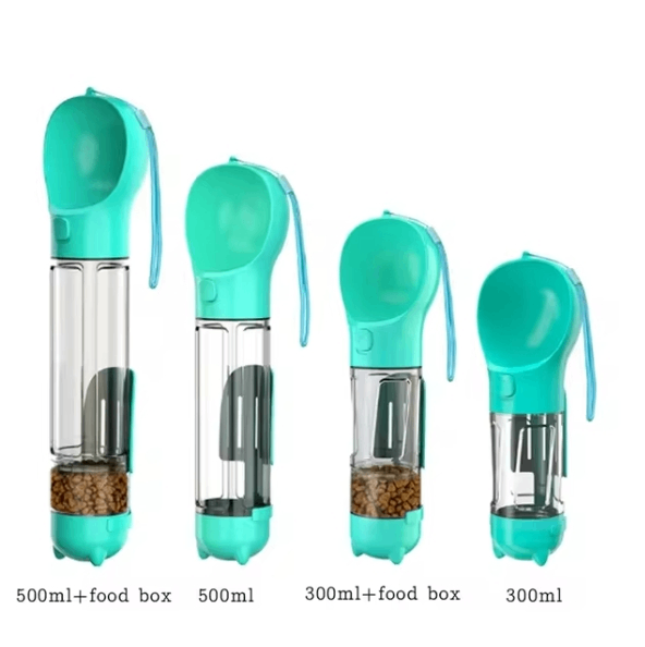 3-in-1 Portable Dog Water Bottle and Food Dispenser in green, featuring various sizes for hydration and feeding on the go.