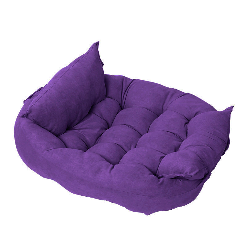 Customizable Multifunctional Folding Pet Cushion in teal plush fabric with tufted design and elevated sides.