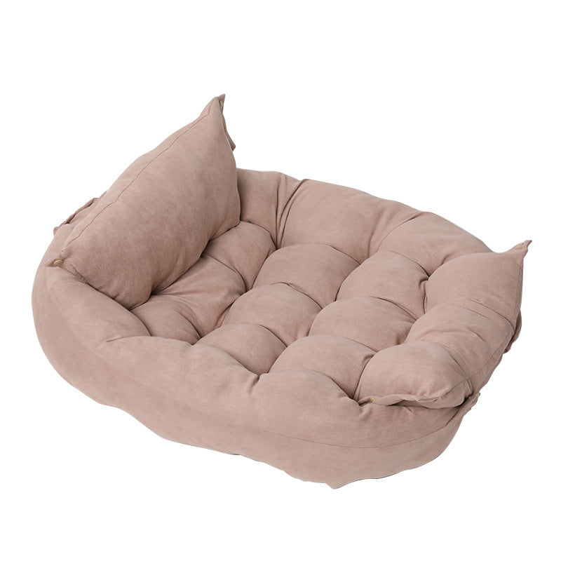 Customizable Multifunctional Folding Pet Cushion in teal plush fabric with tufted design and elevated sides.