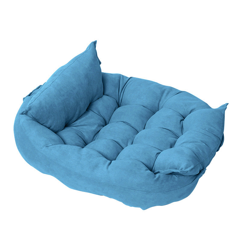 Customizable Multifunctional Folding Pet Cushion in teal plush fabric with tufted design and elevated sides.