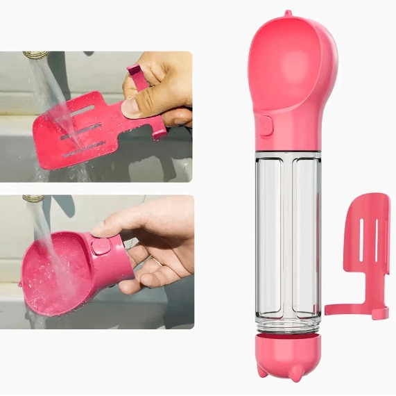 3-in-1 Portable Dog Water Bottle and Food Dispenser in green, featuring various sizes for hydration and feeding on the go.