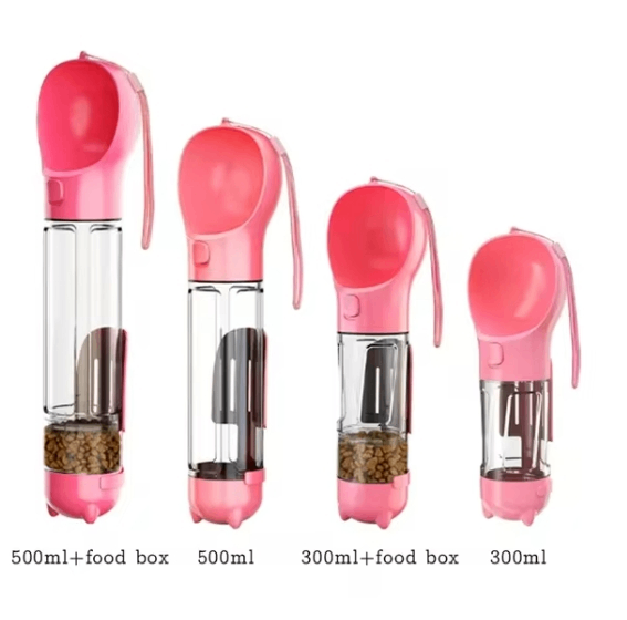 3-in-1 Portable Dog Water Bottle and Food Dispenser in green, featuring various sizes for hydration and feeding on the go.
