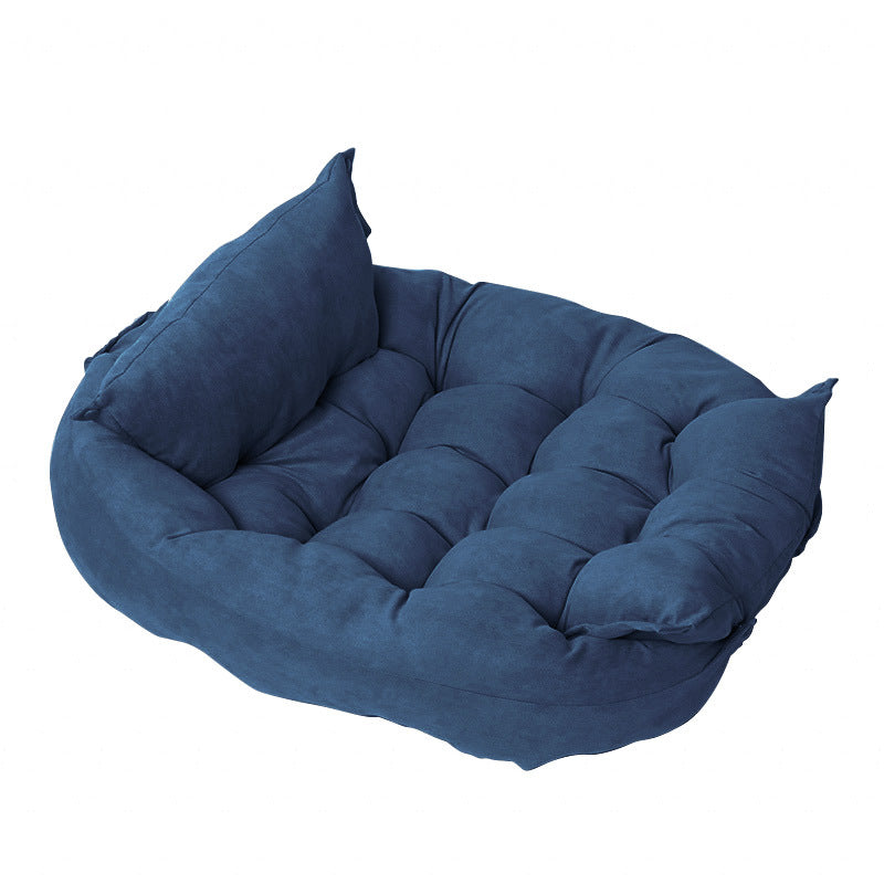 Customizable Multifunctional Folding Pet Cushion in teal plush fabric with tufted design and elevated sides.