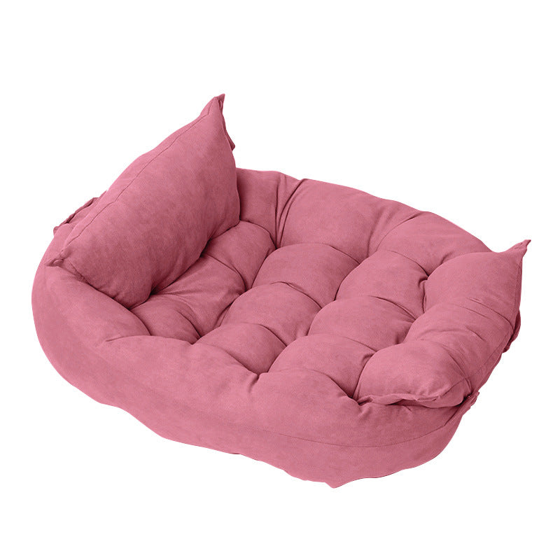Customizable Multifunctional Folding Pet Cushion in teal plush fabric with tufted design and elevated sides.