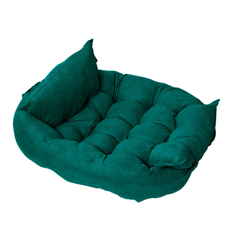 Customizable Multifunctional Folding Pet Cushion in teal plush fabric with tufted design and elevated sides.