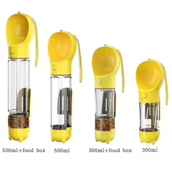 3-in-1 Portable Dog Water Bottle and Food Dispenser in green, featuring various sizes for hydration and feeding on the go.